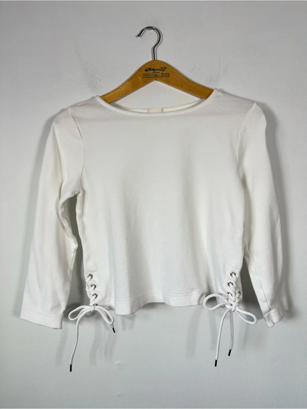 GU Japan White Cotton Cropped Ribbed Long Sleeve Side Tie Detail Crop Top M